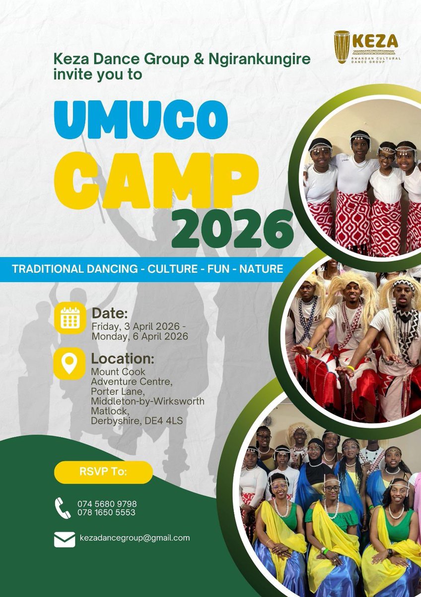 Muraho Neza🎉

Twishimiye kubatumira muri Umuco Camp, ahantu duhurira hamwe tukiga, Tugasabana, tugasangira ubumenyi n’indangagaciro z’umuco nyarwanda.

We look forward to welcoming you to Umuco Camp 🏕️ 

#RwandaInUk