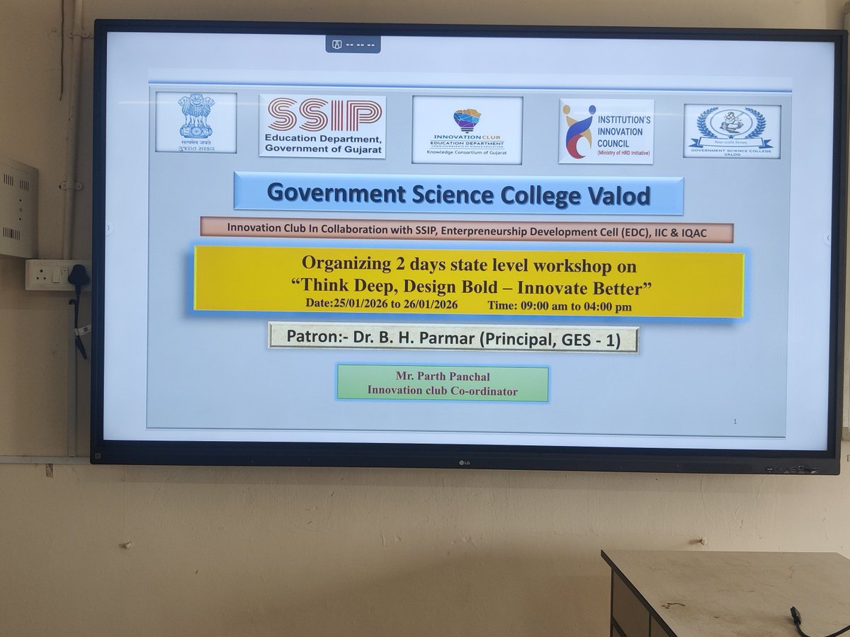 GSCValod's tweet photo. Think Deep. Design Bold. Innovate Better GSC Valod hosted State-Level Innovation Workshop (25-26 Jan 2026)! 54 students ignited by experts on problem-solving &amp; hands-on innovation. Coordinated by Mr. P. S. Panchal under Principal Dr. B. H. Parmar. Future belongs to innovators! https://t.co/n27adIMc4C