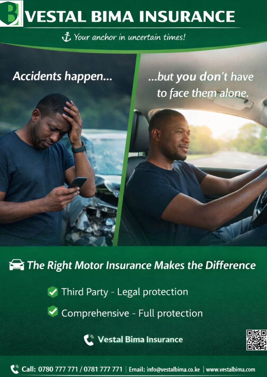 VestalBima's tweet image. 🚗 Comprehensive or Third Party — which motor cover suits you best?
Don’t wait for an accident to think about insurance.
✔ Third Party – legal protection
✔ Comprehensive – full protection
Choose smart. Drive confident.

📞 0780 777 771/ 0781777771
#MotorInsuranceKE #StayCovered