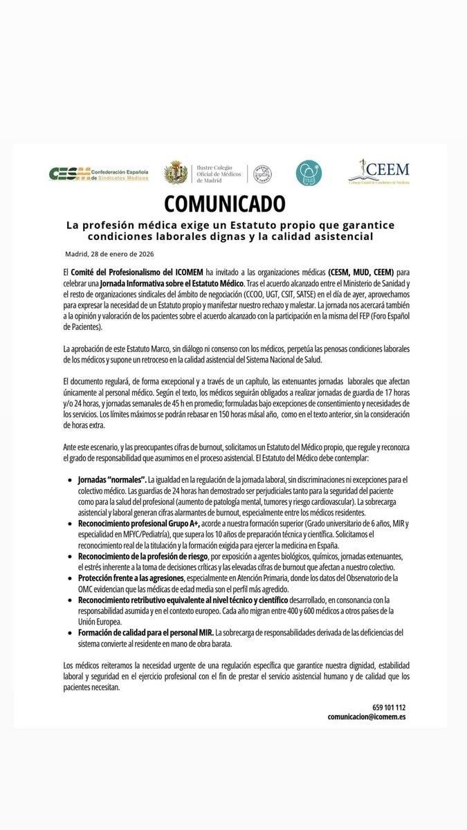 📄 Comunicado conjunto: <a href="/Icomem_Oficial/">ICOMEM</a> <a href="/cesm_sindicatos/">CESM</a> <a href="/ceem_medicina/">Consejo Estatal de Estudiantes de Medicina</a> <a href="/MUDmedicos/">MUD Médicos</a> 👇

Las organizaciones médicas alertan de que el Estatuto Marco aprobado sin diálogo ni consenso perpetúa jornadas extenuantes, incrementa el burnout y pone en riesgo tanto a profesionales como a