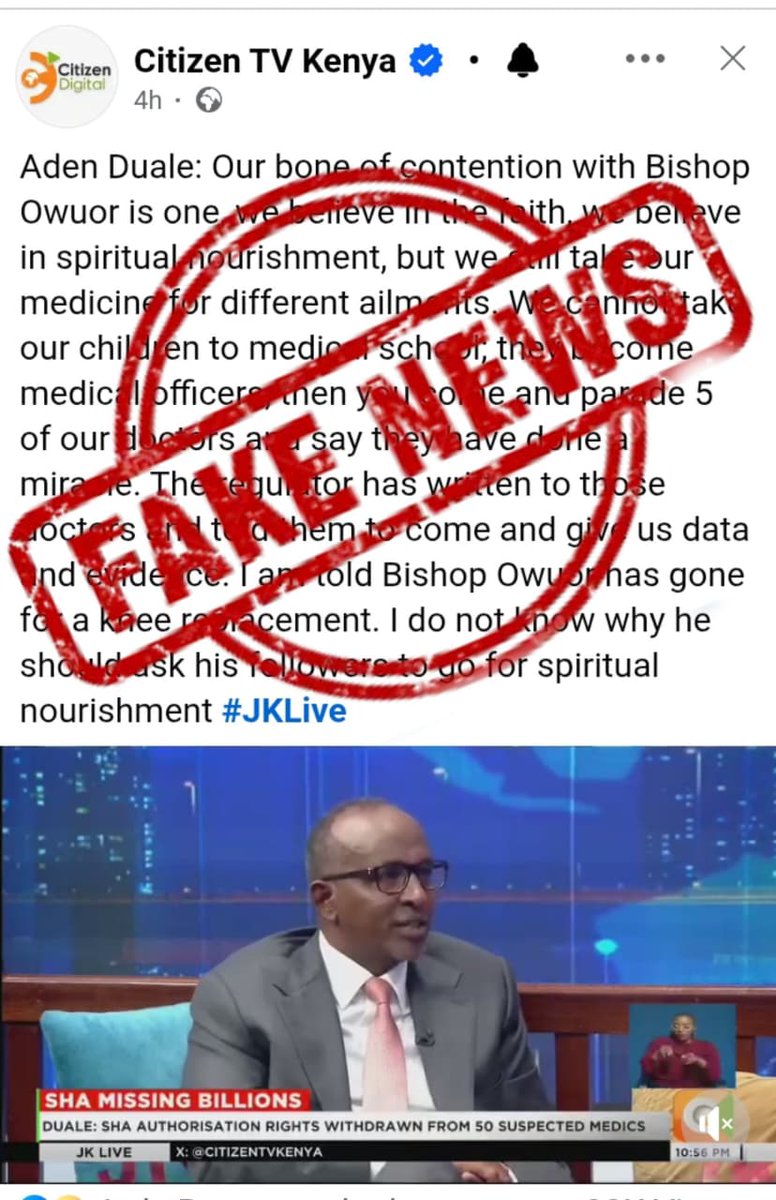 This blatant character assassination by <a href="/HonAdenDuale/">Hon. Aden Duale, EGH</a>
Should be stopped by all means 
Can he tell us in which hospital Prophet Dr.Owuor went for a knee surgery and when 
Why on earth would a senior government official be this clueless 
<a href="/citizentvkenya/">Citizen TV Kenya</a>
<a href="/Kenyans/">Kenyans.co.ke</a>
#CitizenTvFakeNews