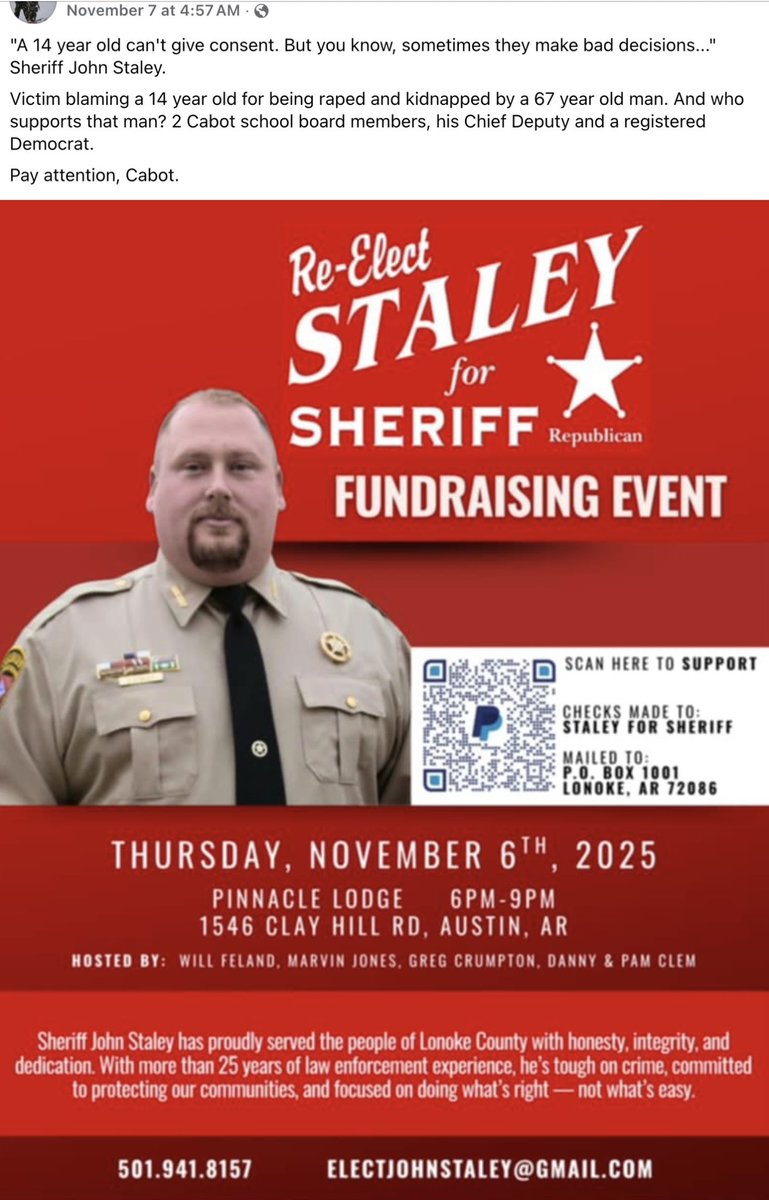 Beth02428329's tweet photo. Except in Lonoke County, AR 🤬.

‘A 14yo can’t give consent. But you know, sometimes they make bad decisions ……’ -  Lonoke County Sheriff #JohnStaley

67yo predator #MichaelFosler  groomed r*ped a 13yo girl, 43 felony charges  of SA, r*pe and CSAM,  the judge let him out with $5k bond 🤬. No ankle monitor, just a general stay away order!

Approx. 3mths later, around midnight her parents are woken by their dog barking. Their daughter was gone….
The parents called 911 then the father (a decorated combat veteran)  #AaronSpencer jumped in his truck to look for their now 14yo daughter. 

Long story short Aaron had to ram the predators truck off the road as he wouldn’t stop with flashing lights and beeping (daughter was  in truck)! 
Fosler charged him, Aaron shot him! 
Father of the year 🥇🩷
Lonoke County has charged him with murder 🤬.
The DA is trying to keep out Foslers prior bad acts - ie r*ping Aaron’s daughter!! Going as far as calling it a relationship 😡