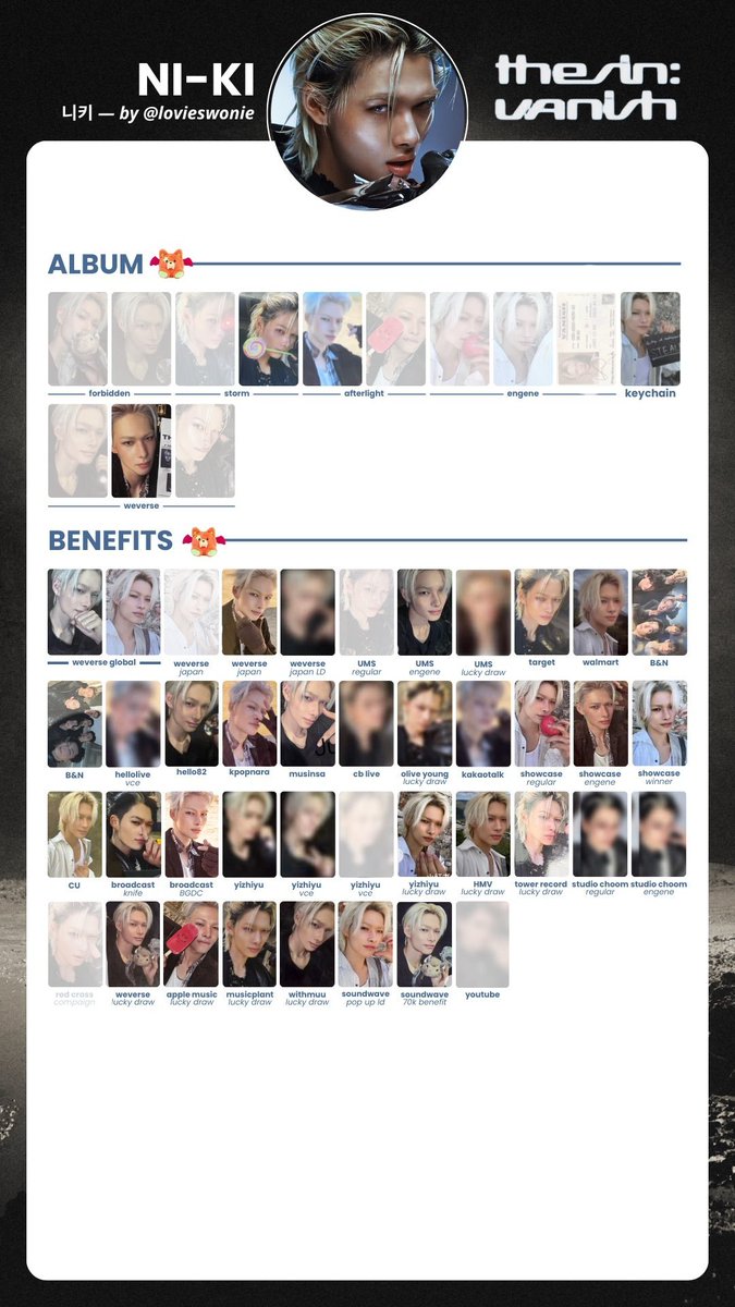 ENHYPEN The Sin Vanish トレカ 交換

譲）ジェイク
求）未所持ニキ（同意種過去問わず）or買取

難しいとは思いますが特典トレカ等も希望しております！
画像2、3枚目の白塗り以外未所持です！
買取の場合300円〜/枚（+送料）予定です🎶
お気軽にお声がけください☘️
#ENHYPEN交換 #ENHYPENトレカ交換