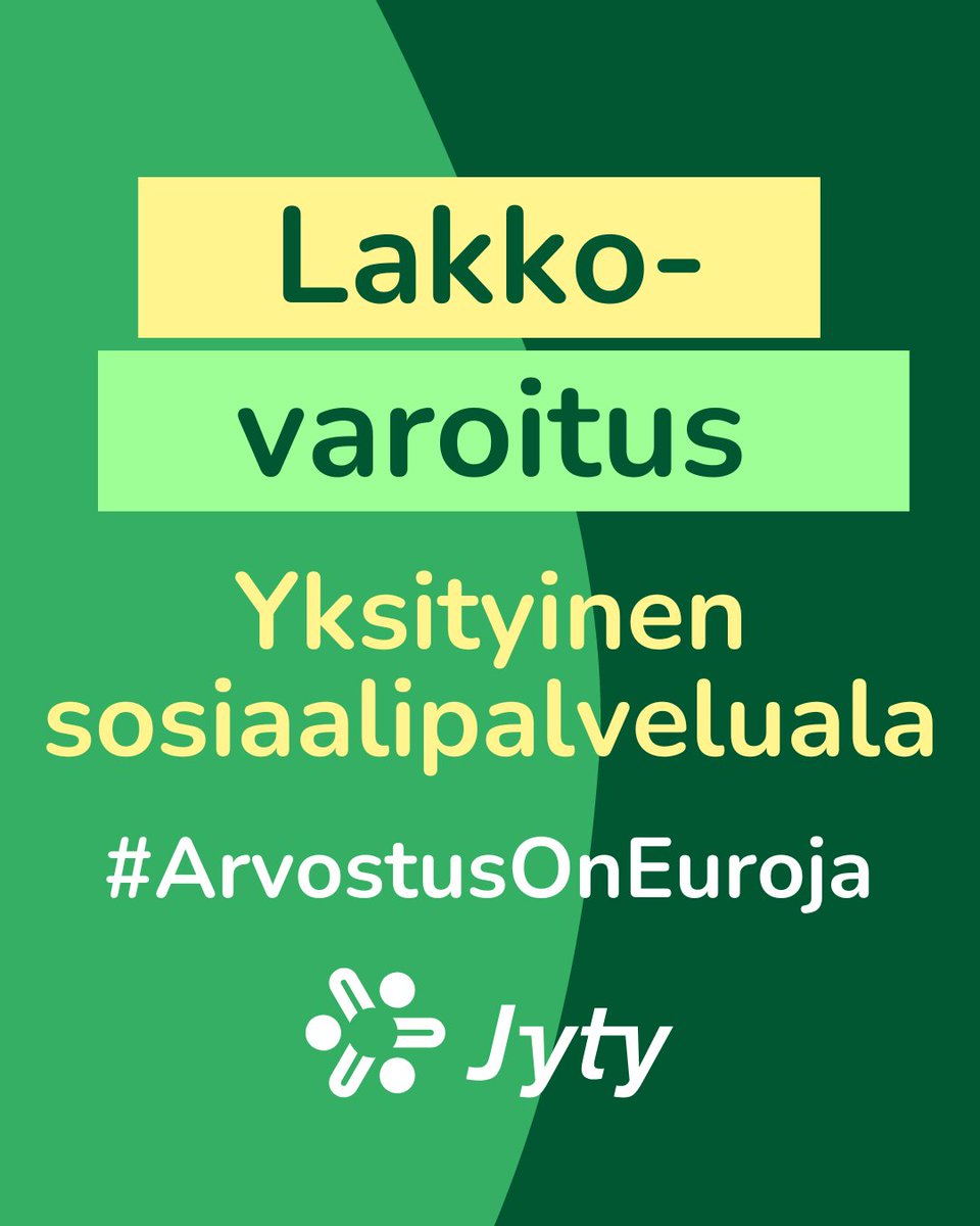 ‼️ Lakkovaroitus yksityiselle sosiaalipalvelualalle. #Jyty, Pro ja Terveydenhoitajaliitto vaativat korjauksia palkkaukseen ja työehtoihin. Lakko koskee erikseen mainittuja hoivakoteja 17.–19.2. Lisäksi vuoronvaihtokielto ja hakusaarto. <a href="/VoimaJonna/">Jonna Voima</a>  jytyliitto.fi/jyty-pro-ja-te…