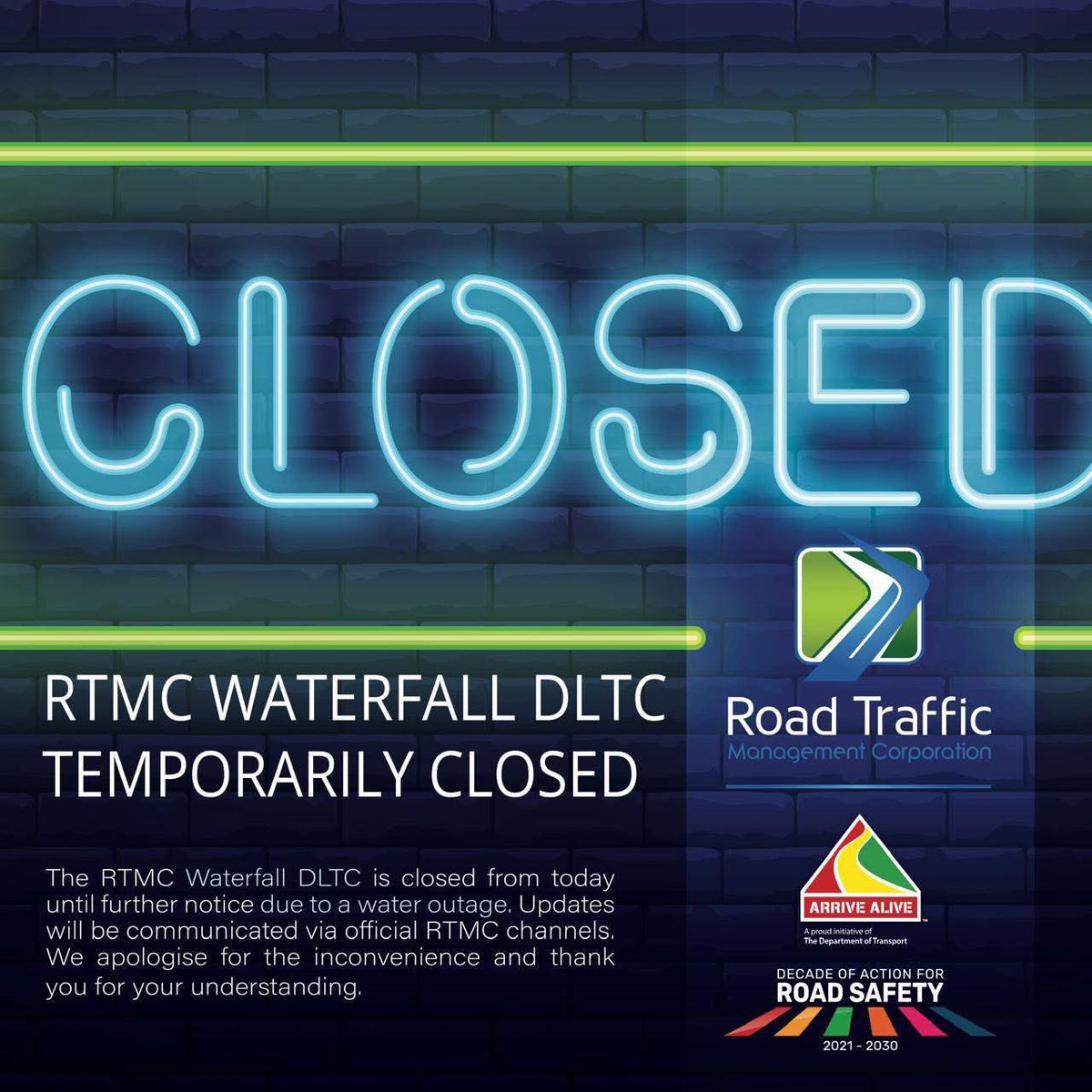 TrafficRTMC's tweet photo. NOTICE: RTMC WATERFALL DLTC TEMPORARILY CLOSED

The #RTMC Waterfall DLTC is closed from today until further notice due to a water outage.

#RTMC Centurion Gate DLTC remains open and fully operational.

We apologise for the inconvenience caused. #DLTC https://t.co/PS3n9r1ik6