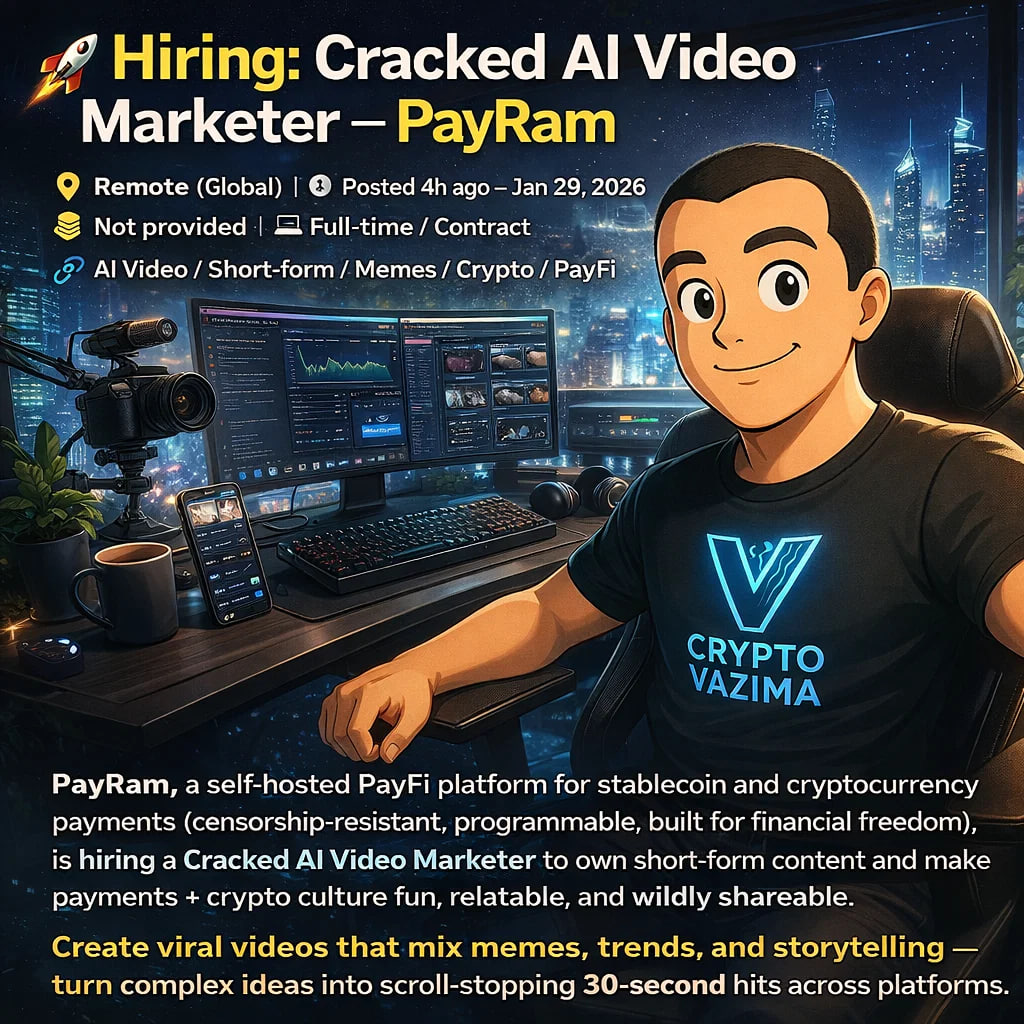 🚀 Hiring: Cracked AI Video Marketer — PayRam (Remote) 📍 Remote (Global) |  💼 Full-time / Contract | 🧑‍💻 AI Video / Memes / Short-form / Crypto | 💰  Not provided |