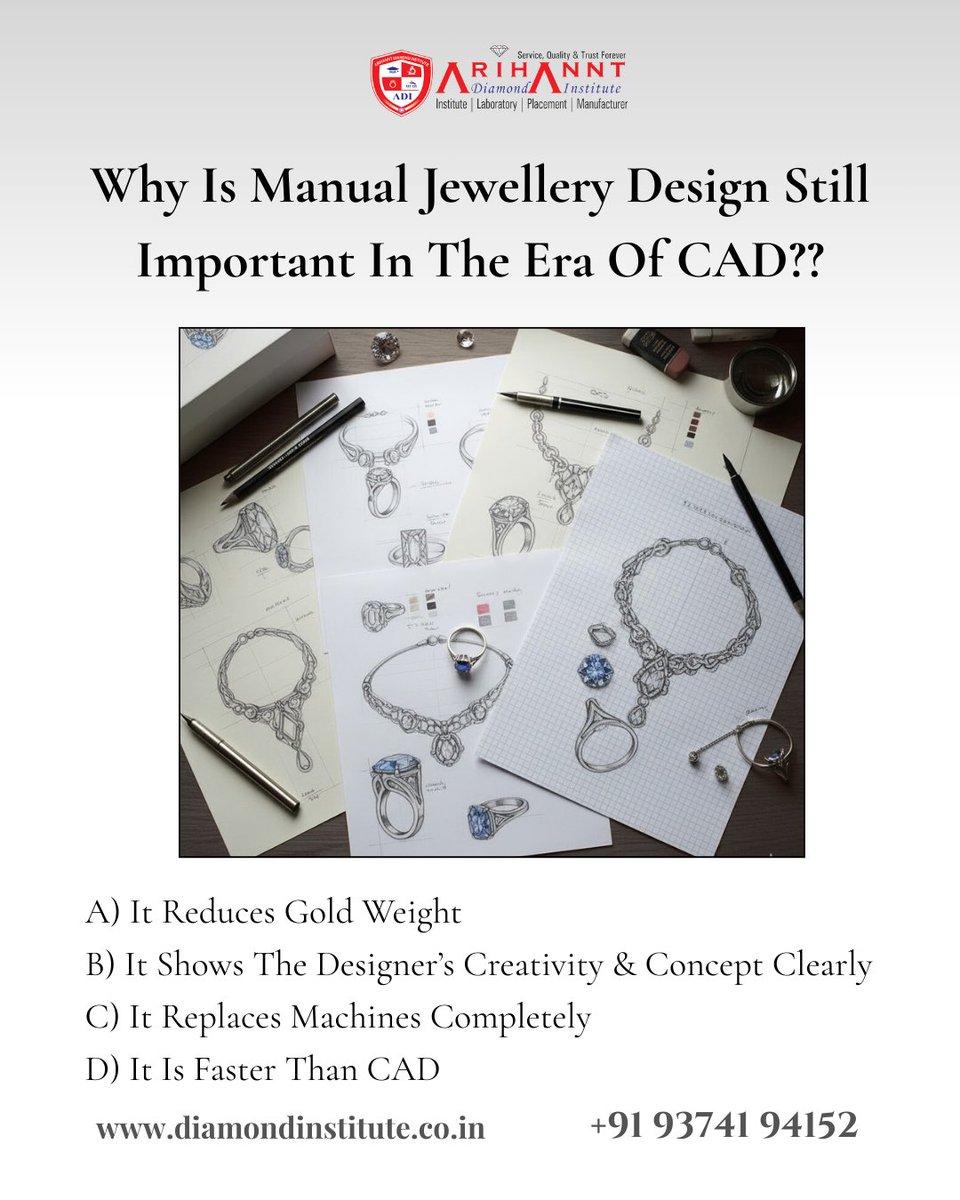arihantdiamondi's tweet photo. Before CAD… There Was Pure Creativity.
Why does manual jewellery design still matter in today’s CAD-driven world? 🤔
Because machines can draw, but only designers can THINK.
👇 Choose the correct option &amp; comment your answer!
#JewelleryDesign
#ManualJewelleryDesign
#CADvsManual https://t.co/3b7l9B3ytS