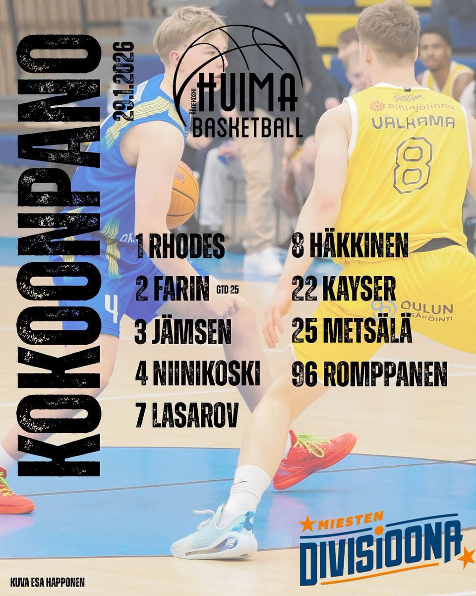 Illan kokoonpano!

Koskisen kommentit:

”Joulun jälkeen pelattu kolme hyvää peliä. Mutta se ei vaan riitä. Nyt pitäisi alkaa ottamaan voittoja ja sarjapisteitä. ”

#M1DA #HuimaBasketball