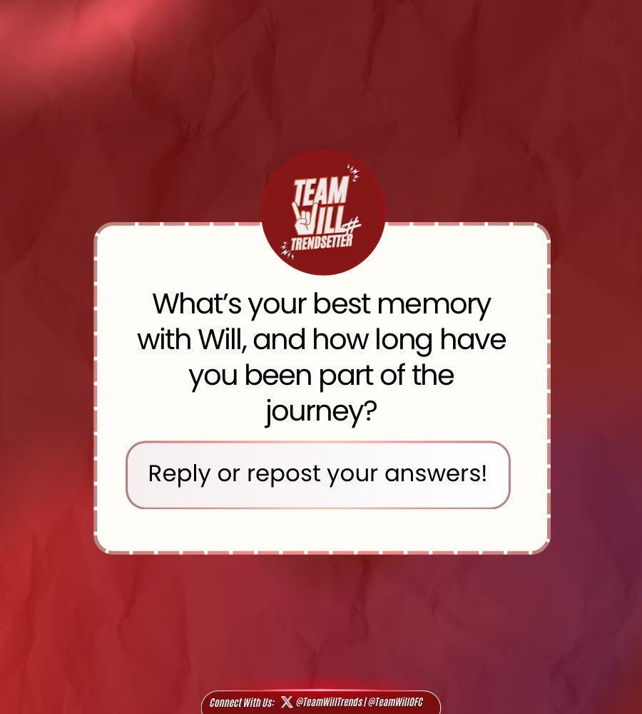 TeamWillTrends's tweet image. 𝗘𝘃𝗲𝗿𝘆 𝗳𝗮𝗻 𝗵𝗮𝘀 𝘁𝗵𝗮𝘁 𝗼𝗻𝗲 𝗺𝗼𝗺𝗲𝗻𝘁.

It could be meeting Will in person, watching him live at a concert or mall show, or a small interaction that meant a lot, maybe he liked your comment, replied to your post, interacted in GDMs, or noticed your comment during…