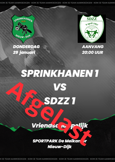 Voor vanavond is de wedstrijd Sprinkhanen - SDZZ afgelast.

Ook is het niet mogelijk om te trainen i.v.m. de winterse omstandigheden.