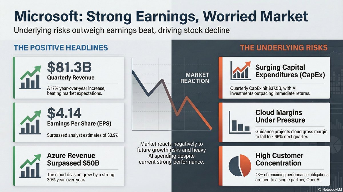 msxcom's tweet image. Microsoft beat earnings — yet the stock dropped over 6%. Here’s why.

On the surface, it was a strong quarter 👇
• Revenue: $81.3B, +17% YoY, above expectations
• EPS: $4.14 vs. $3.97 est.
• Azure: Quarterly revenue surpassed $50B for the first time, +39% YoY

But the market…
