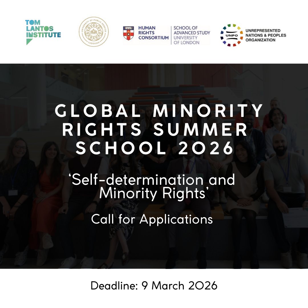 HRC_News's tweet photo. 📣 We are pleased to announce that we are now accepting applications for the 2026 Global Minority Rights Summer School! 📣 Deadline: 9 March 2026.

Jointly organised with @TLIBudapest @uni_nke @UNPOintl

https://t.co/o6UFNmsZQJ

#HumanRights #MinorityRights #SummerSchool https://t.co/FkuZ82jSDx