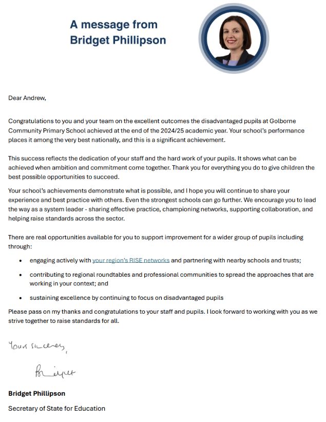 GolborneCPS's tweet photo. It is with great pleasure that we celebrate the national recognition we have received from the Secretary of State for Education, Bridget Phillipson, who has acknowledged the exceptional achievement of our outcomes in 2025. https://t.co/pevV3DPDOm