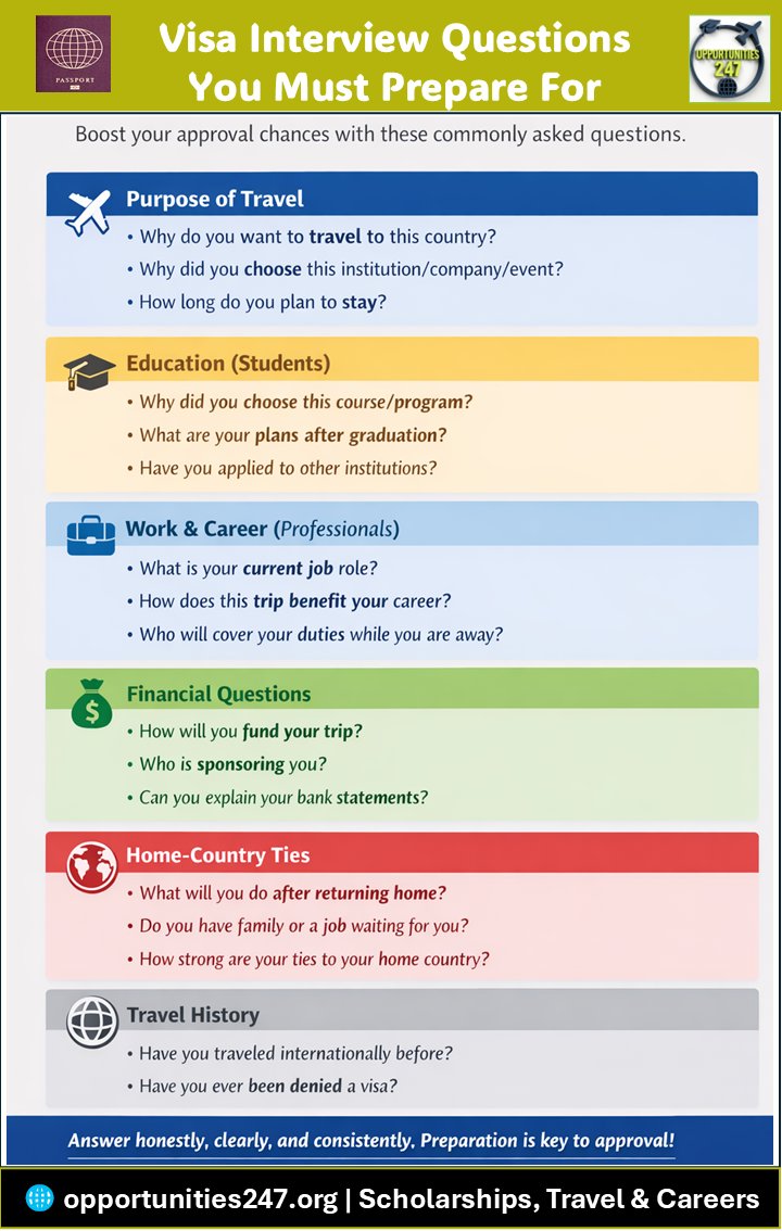 opport_247's tweet image. Visa interview coming up? ✈️

We created a simple infographic showing the most common visa interview questions for students 🎓 and professionals 💼 — so you know exactly what to expect.
Prepare smarter, not harder.
🔗 opportunities247.org/visa-interview…

#VisaInterviewTips #VisaApproval
