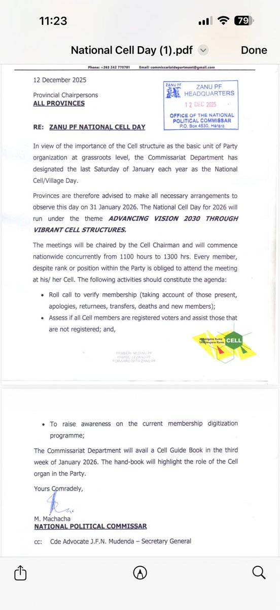 ZANU PF NATIONAL CELL DAY

In view of the importance of structure as the unit of the Party organisation at grassroots level, the Commissariat Department has designated the last Saturday of January each year as the National Cell Village Day.

Provinces are therefore advised to