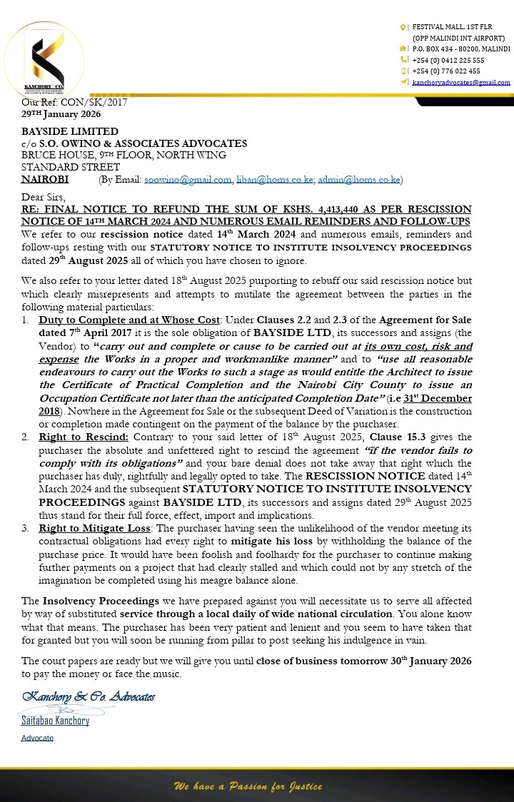 You may all have seen the unfinished multistorey building on Lenana Road opposite Sifa Towers. The developer Bayside Ltd whose directors are Fatuma Osman and Bashir Qandid took people's money and diverted to unrelated projects including personal use causing the project to stall