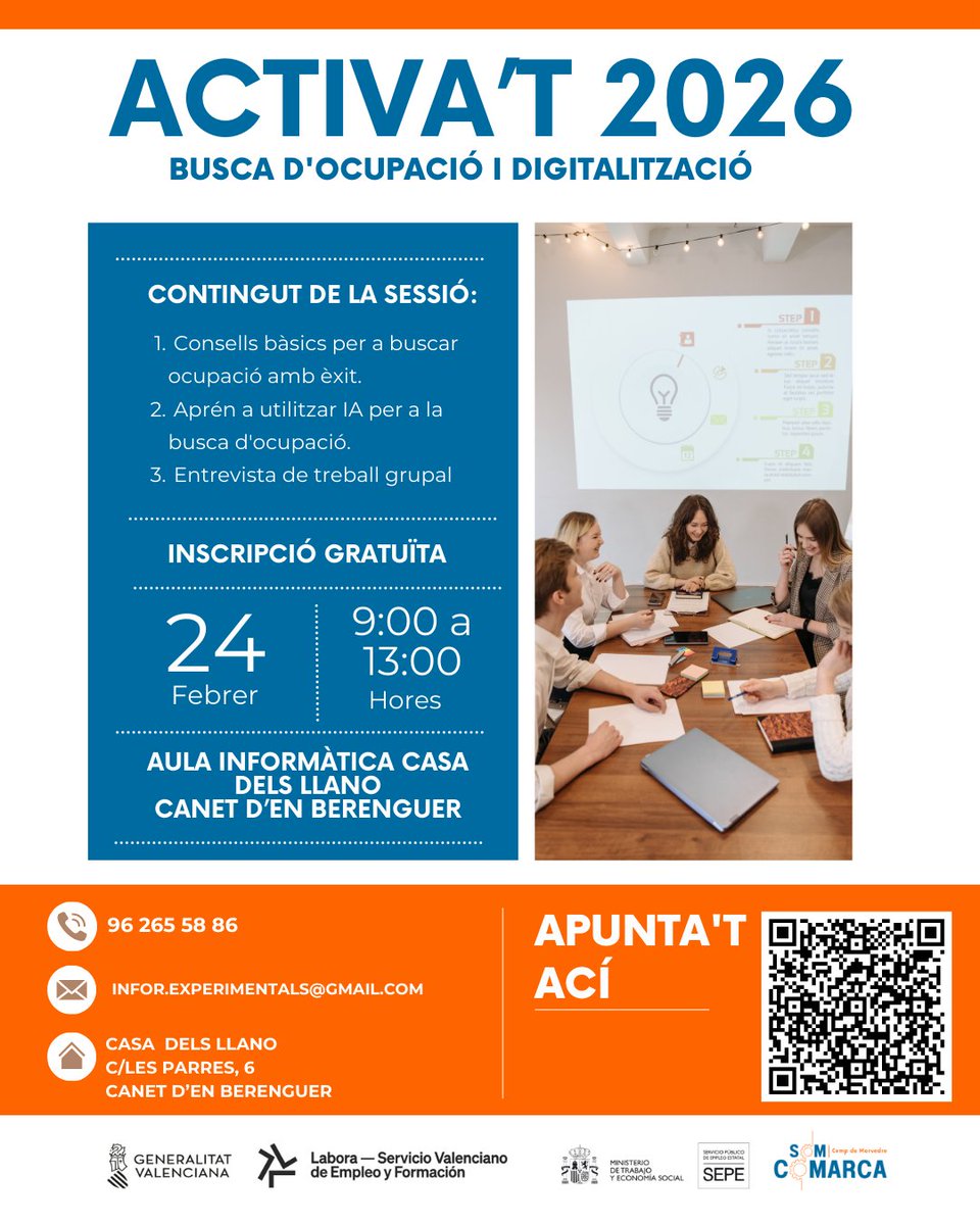 _SomComarca's tweet photo. 🎨 NOVA JORNADA ACTIVA'T 2026 CANET D'EN BERENGUER!

📅 Dates: 24/02/2026
⏰ Horari: 09.00 a 13.00
📍 Lloc: Aula d'Informàtica Casa dels Llano

Més info:
☎️ 96 265 58 86
🔗 https://t.co/1RK2JA7fb8

#AvalemTerritori @GVAlabora @empleogob https://t.co/srangruiDX