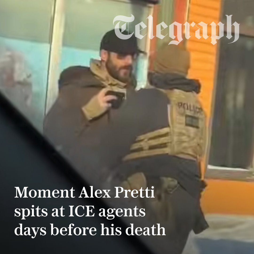 Telegraph's tweet photo. 🔴 Minneapolis protester Alex Pretti spat at ICE agents and kicked their SUV during a tense confrontation almost a fortnight before he was shot dead by two federal immigration officers, new video appears to show.

Find out more ⬇️
https://t.co/hIol0HoIf5 https://t.co/0eSYQEuuOE