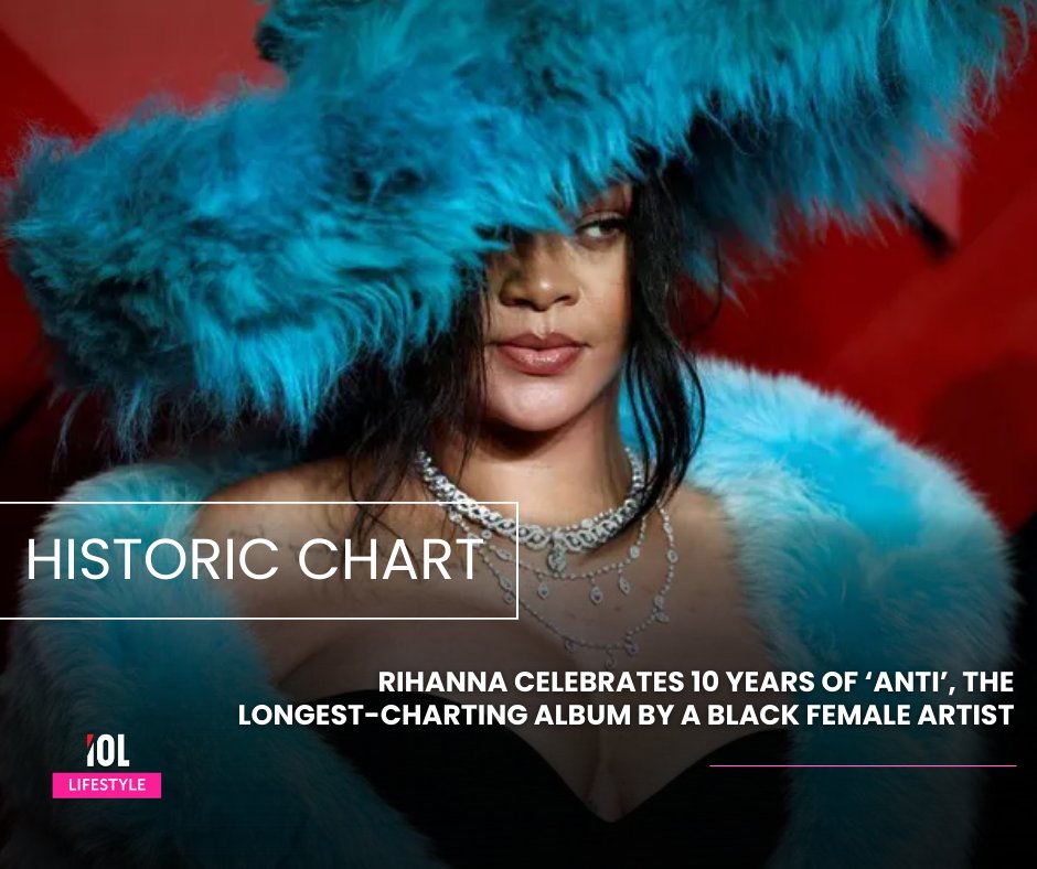 IOL_Lifestyle's tweet image. Rihanna marked 10 years of ANTI by sharing a 2016 throwback video celebrating the album’s historic run—now surpassing 508 weeks on the Billboard 200. 
#Rihanna #ANTI #10YearsOfANTI #Billboard200 #MusicHistory #ChartRecord 
Read on: tinyurl.com/5xtn2em3