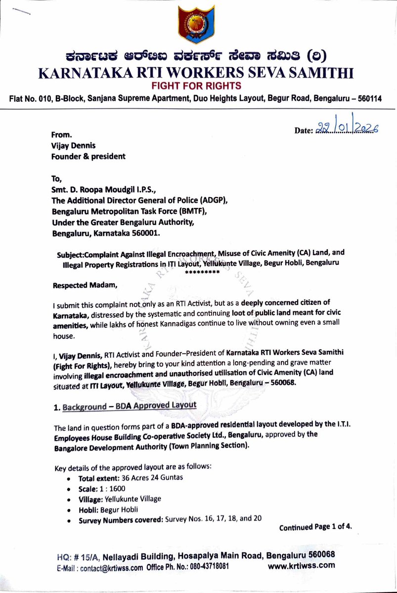 RTI_KARNATAKA's tweet photo. Thankful to ADGP @D_Roopa_IPS for initiating action on illegal CA land encroachment..Wishing success to the survey team hoping this effort results in real accountability and restoration.
@IPS_Association @GBAChiefComm
#LandJustice #BMTF #RTIActivist #SavePublicLand https://t.co/Uuonw2yzOP