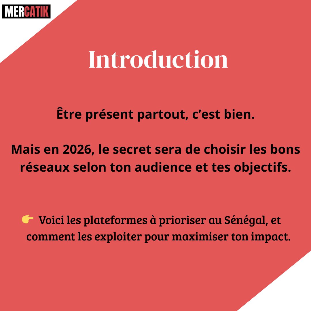Mercatik_agency's tweet image. 🚀 En 2026 au Sénégal, la clé sur les réseaux sociaux, c’est la stratégie :
choisir les bons canaux pour plus de visibilité, de ventes et d’impact.
🎯 Mieux vaut 2 réseaux bien maîtrisés que 5 mal exploités.
#MarketingDigital #BusinessSénégal