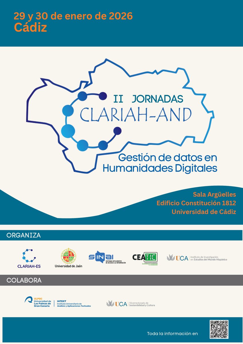 🚀Hoy comienzan las II Jornadas CLARIAH-AND

Organizan: <a href="/laurenalopez/">L. Alfonso Ureña</a>, <a href="/maite_martin/">Maite Martín</a>, Arturo e <a href="/IsaCab_dCast/">Isabel Cabrera</a> junto con @UCA_oficial

Tema: gestión de datos en #HumanidadesDigitales, clave para #sostenibilidad, #transparencia e impacto en #Humanidades y #CienciasSociales.