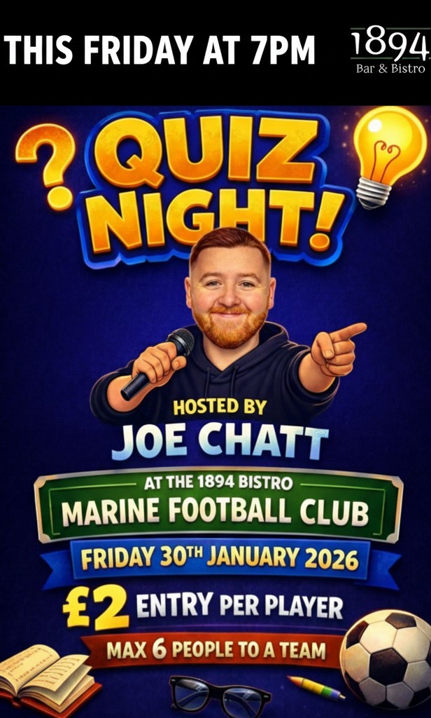 🧠 Think you’re the brain of Crosby?

Join us this Friday for our first Quiz Night hosted by Joe Chatt! 🎤

📍 1894 Bar &amp; Bistro
🕖 7PM | Friday 30th Jan
💰 £2 per player
👥 Max 6 per team

Get the squad together and we'll see you there! ⚽️🍺
