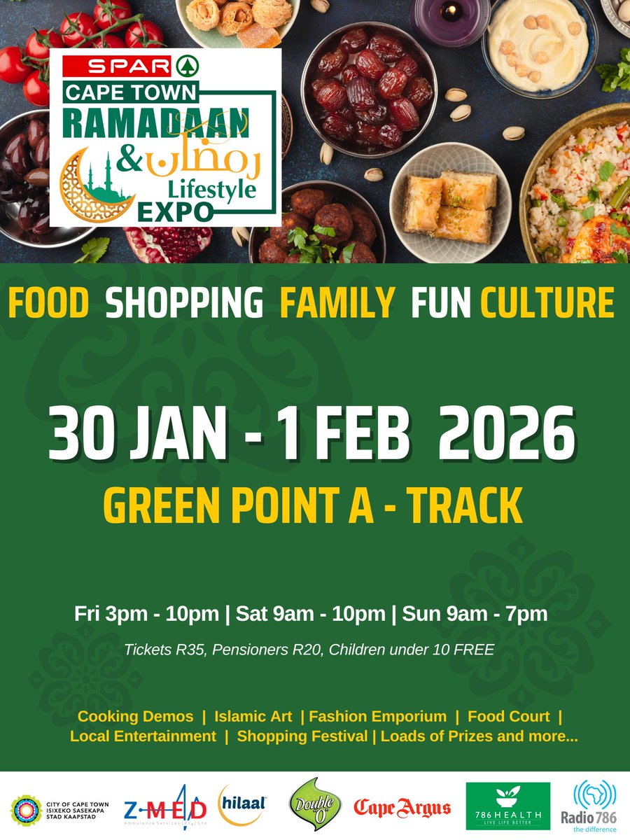 DoubleOcpt's tweet photo. Catch us at the Spar Cape Town Ramadaan Expo 

💚 Date : 30th -31st January, 1st February 2026.

🧡 Venue : Green Point A Track.

💛 Adults -R35, Pensioners - R20. Kids under 10, FREE.

🤎 Parking available P4, P6 and P9. https://t.co/QYBtCaxbIc