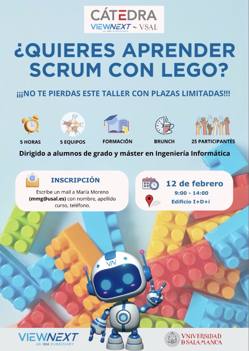 ¿Quieres sentir cómo es trabajar con SCRUM en una mañana? 🤔🚀

📅 12 de febrero (9:00 - 14:00)
📍 Edificio I+D+i
🥐 Formación práctica + Brunch
⚠️ Plazas limitadas (25 max)

¿A qué esperas a apuntarte? 👀

#SCRUM #Agile #GestiónÁgil #innovacion #usal 

<a href="/viewnext/">Viewnext</a>
<a href="/usal/">Universidad de Salamanca</a>