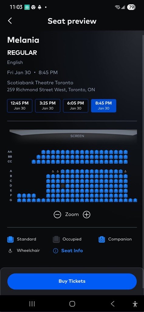 Precisely ZERO TICKETS sold in Canada. 
Sane washing the life of the world’s most successful hooker who looks away when her husband rapes women, just isn’t that interesting to Canadians, I guess?