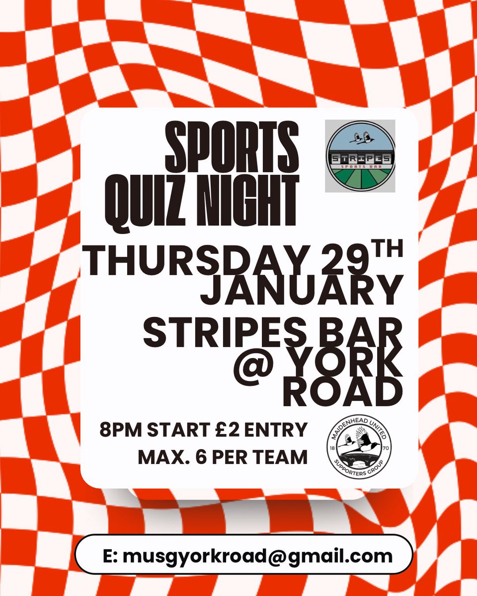Hope to see as many of you down the club tonight. Only £2 entry. <a href="/MUFCYorkRoad/">Maidenhead United</a> <a href="/mufcjuniors/">Maidenhead United FC Juniors</a>. Should be fun <a href="/gomadstopcaring/">ɢᴏ  ᴍᴀᴅ  ᴏʀ  sᴛᴏᴘ  ᴄᴀʀɪɴɢ</a> running the show.