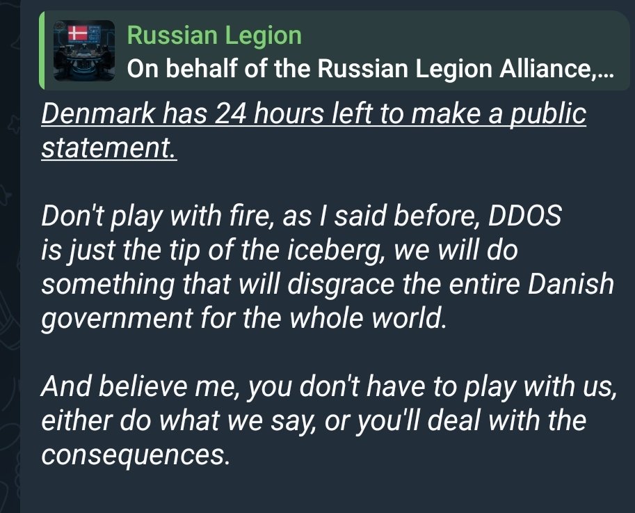 Cyberknow20's tweet photo. Another new pro-Russian hacktivist group, Russian Legion, has formed a new cluster of pro-Russian hacktivist groups and are currently targeting #Denmark

Claimed DDoS atm, but they could shift attacks if the campaign is sustained. https://t.co/UA5XirqWDk