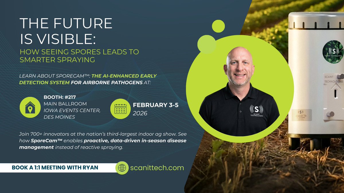 Join us at <a href="/IowaAgExpo/">Iowa Ag Expo</a>  2026!
Booth 217 <a href="/Scanittech/">Scanit Technologies, Inc.</a> presents #SporeCam™ for early detection of airborne pathogens like tar spot. Maximize yields with real-time insights!
Meet Ryan French for field trials.
bit.ly/BooktimewithRy…
Catch us at the #AgTalks panel on #AgTech!