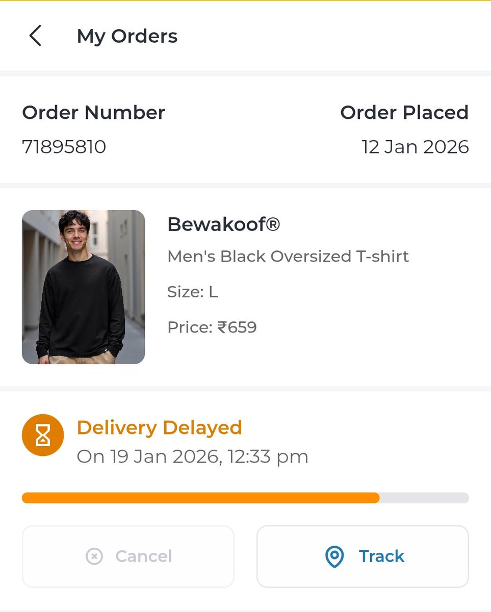 ntshpawar's tweet photo. @bewakoof I have been waiting for my T-shirts since 12th Jan. It's 2 weeks late now and I still haven't got my order. Can't even cancel it. Enough of waiting just cancel it and process my refund for the orders. Using Bewakoof for a long time now and have never experienced this. https://t.co/4pHaltAOx1