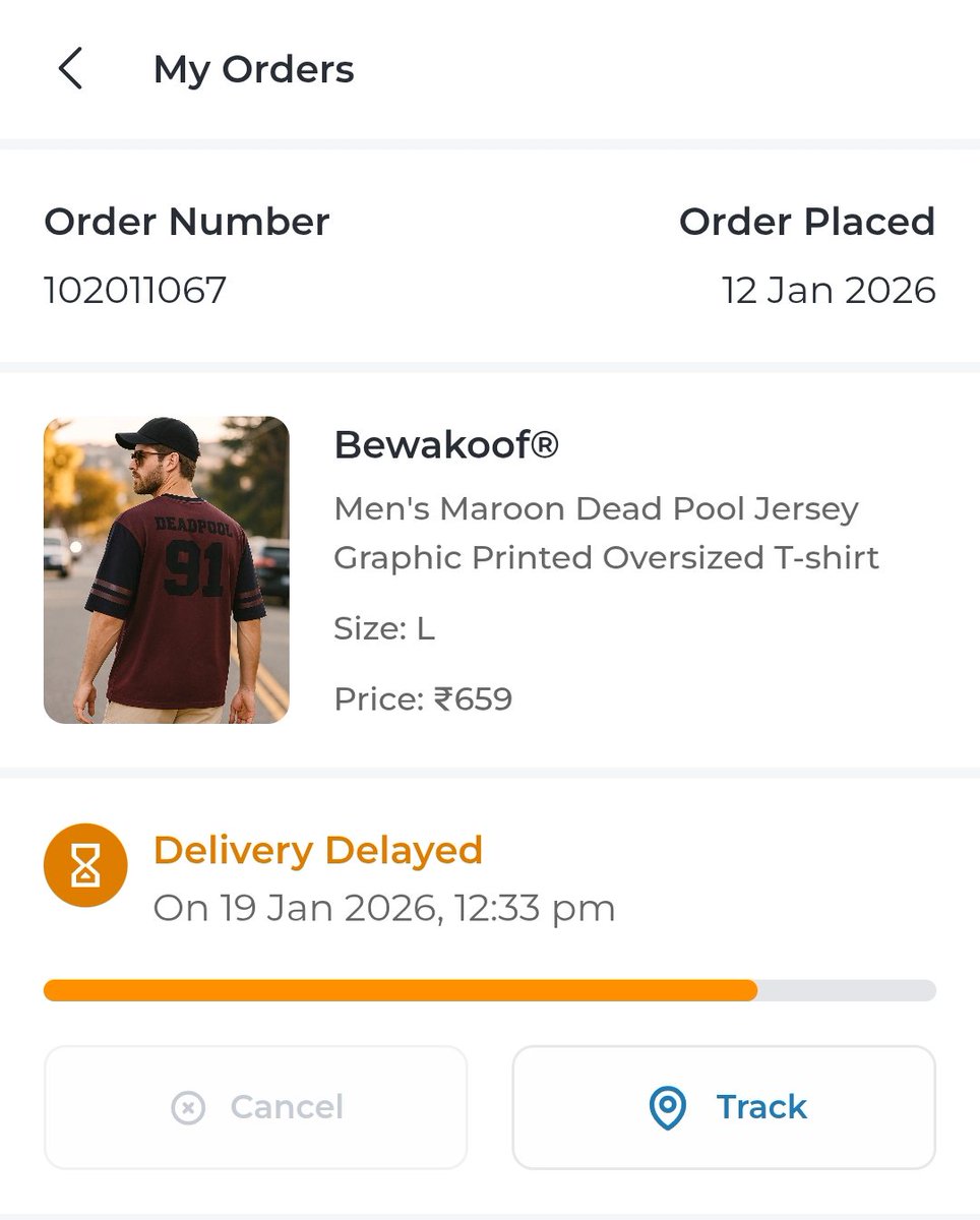 ntshpawar's tweet photo. @bewakoof I have been waiting for my T-shirts since 12th Jan. It's 2 weeks late now and I still haven't got my order. Can't even cancel it. Enough of waiting just cancel it and process my refund for the orders. Using Bewakoof for a long time now and have never experienced this. https://t.co/4pHaltAOx1