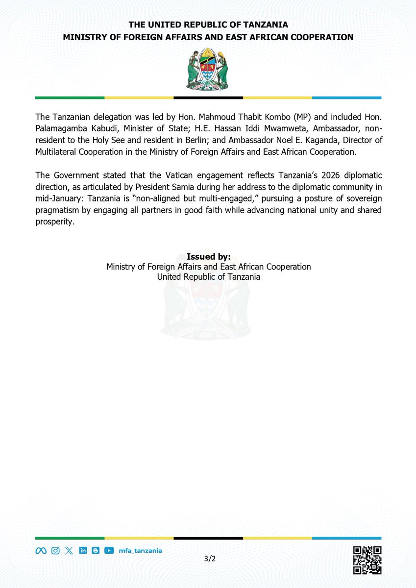 Tanzania Deepens Diplomatic Cooperation with the Holy See on Peace, Dialogue and Social Development
