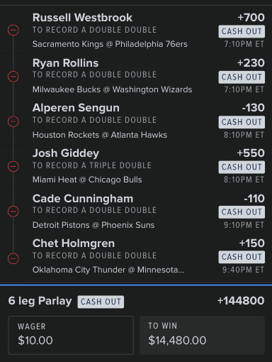 Project_Parlay_'s tweet photo. 6️⃣ LEG DOUBLE / TRIPLE-DOUBLE PARLAY 🧱📊
+144800 | $10 → $14,480
Russell Westbrook DD
Ryan Rollins DD
Alperen Sengun DD
Josh Giddey TD
Cade Cunningham DD
Chet Holmgren DD
Pure chaos.
If this hits, we’re printing 🖨️💰 https://t.co/2cE8mNEG6z