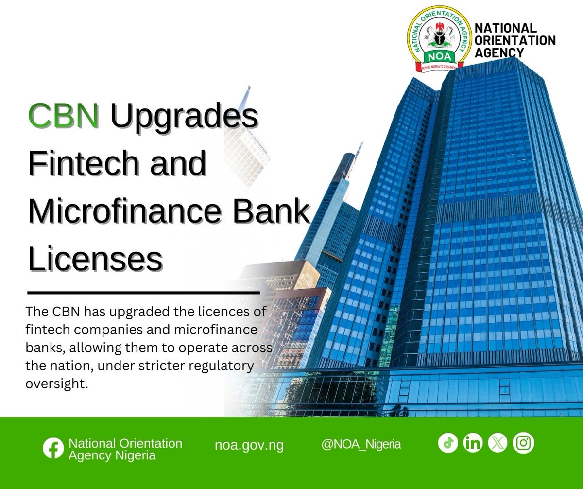 FG Upgrades Fintech and MFB Licences

The Central Bank of Nigeria (CBN) has upgraded the licences of major financial technology (fintech) companies and microfinance banks (MFBs) like Opay, Moniepoint, Kuda, PalmPay, and Paga, allowing them to operate with national status across
