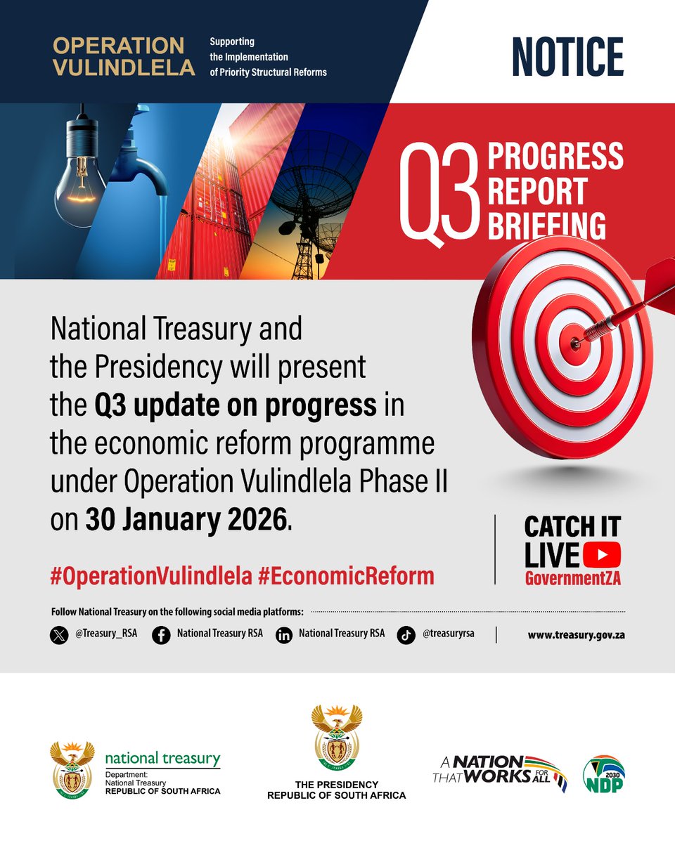 Treasury_RSA's tweet image. National Treasury and the Presidency will present a Q3 update on progress made in the economic reform progress update for the third quarter under Operation Vulindlela Phase II, at JSE, Sandton.

 #OperationVulindlela #EconomicReform
