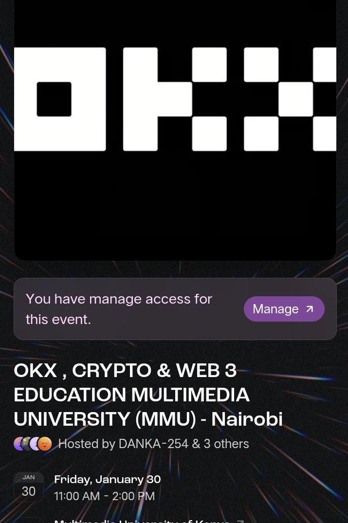 We will be Hosting an <a href="/okxafrica/">OKX Africa</a> Crypto Campus Activation Tomorrow at <a href="/multimedia_uni/">Multimedia University of Kenya</a>

Main Campus

Come one come all 📢

luma.com/vtdz6c66

#OKX #WEB3 #CRYPTO #campusactiavtion