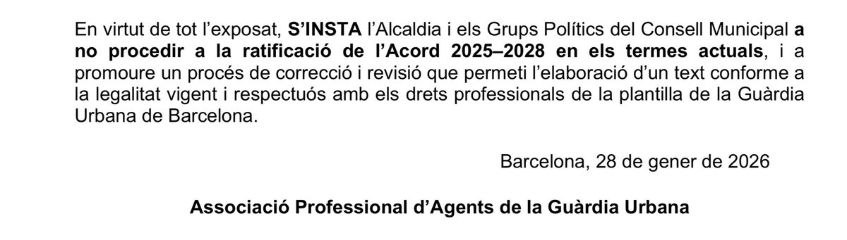 Protesta inèdita a la plantilla de la <a href="/GUBBarcelona/">Guàrdia Urbana Barcelona</a>. Els agents han presentat un recull de 1545 firmes a l’alcalde <a href="/jaumecollboni/">Jaume Collboni</a> i a tots els partits polítics municipals contra el nou conveni laboral 2025-2028 que l’equip de govern vol ratificar en el Ple d’aquest divendres. Els