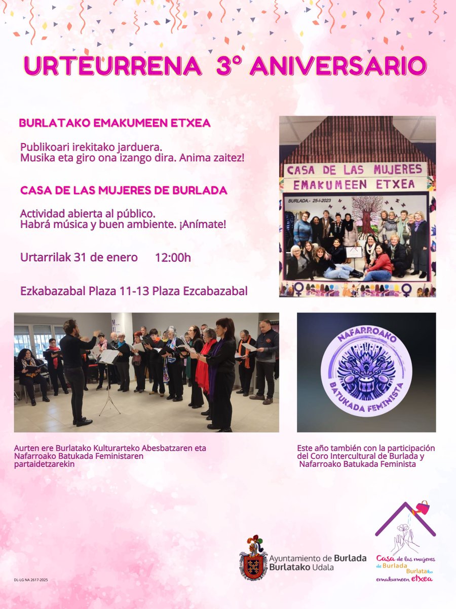 Emakumeen etxearen III. urteurrenaren ospakizuna

📅UrtarrilaK 31 Enero
🕐12:00
🚩Emakumeen etxea (Ezkabazabal plaza 11-13)
      Casa de las Mujeres (Plaza Ezkabazabal 11-13)

Celebración del III aniversario de la Casa de las Mujeres
Actividad abierta al público. ¡Anímate!
