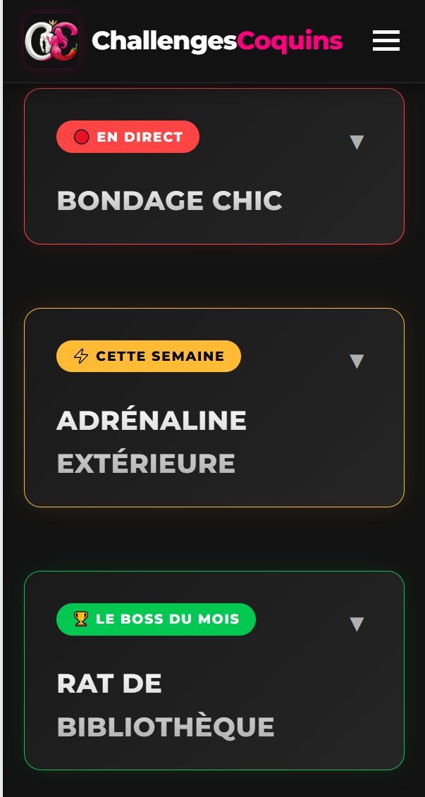 Vous pouvez toujours participer aux autres défis ! Ne soyez pas timides... 😈

Surprise : il y a déjà des participants ! #FinDuFlop ? Vous êtes super coquins, j'adore ! 🔥

#ChallengeCoquin ⤵️ <a href="/Clara50nuances/">50nuances-de-clara</a> <a href="/sexyaquitaine/">sexyaquitaine</a> <a href="/ki13slave/">ki13slave</a> <a href="/CivodulX/">l v</a> <a href="/Aesthea_muse/">Aesthéa ✨</a> <a href="/Duke_y_Luna/">Duke&Luna</a>