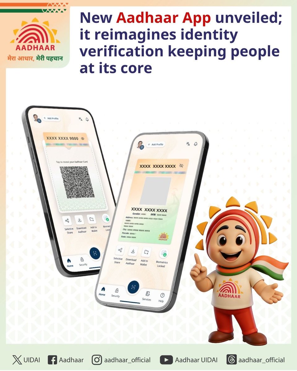 UIDAI's tweet photo. #AadhaarApp dedicated to the nation; marking a significant milestone in identity verification keeping people at its core.

At India’s scale, a #digitalidentity system is not merely a technological achievement; it is a matter of public trust, good governance and empowerment of the people. The new Aadhaar App embodies these principles by placing control, consent and #convenience firmly in the hands of residents.

Designed for #EaseofUse across the entire spectrum of users, the #Aadhaar App supports a wide range of real-life use cases.

Details: https://t.co/Hcjmtmz94P