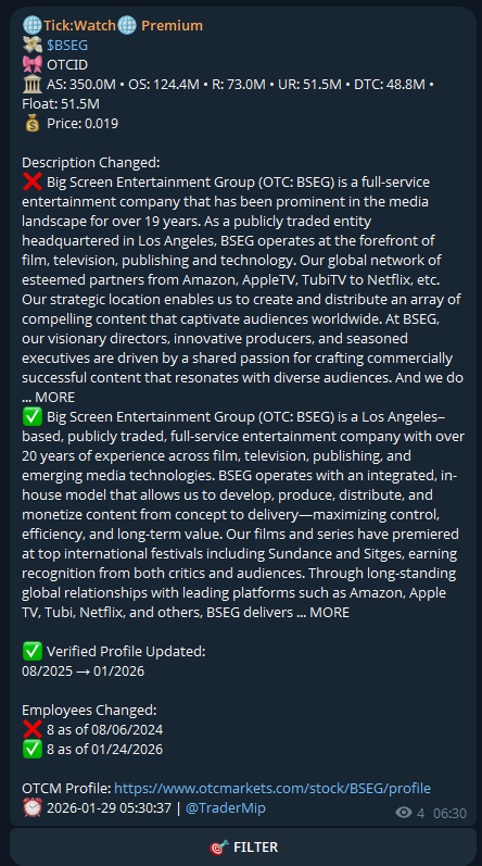 OTCTickWatch's tweet photo. $RNWF $BSEG $CEOS $EVLI + a few more just lit up our wire last night!   
and Few more hitted on our wire.
Last chance to join our community

Comment below or Pm me "OTC" for details https://t.co/5taBE1zqo3