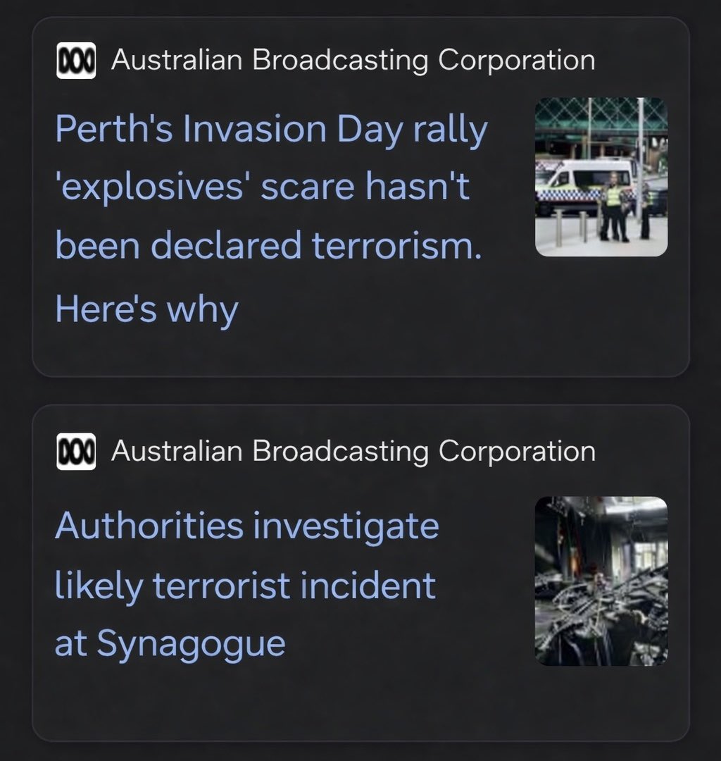 Adass synagogue fire framed as “likely terrorist incident.”

Bomb thrown into large crowd on Invasion Day framed as “scare”, explaining why it “hasn’t” been deemed terrorism.

Same broadcaster. Very different standards. Words matter.