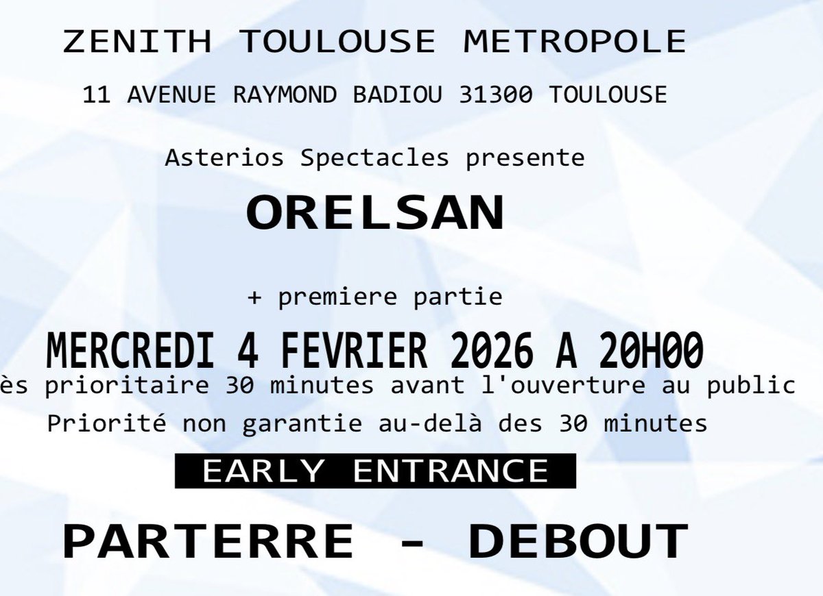 seignard's tweet photo. Je vends deux places en fosse early pour le concert de orelsan le 4/02 #orelsan #toulouse https://t.co/zbE0aNEYyW