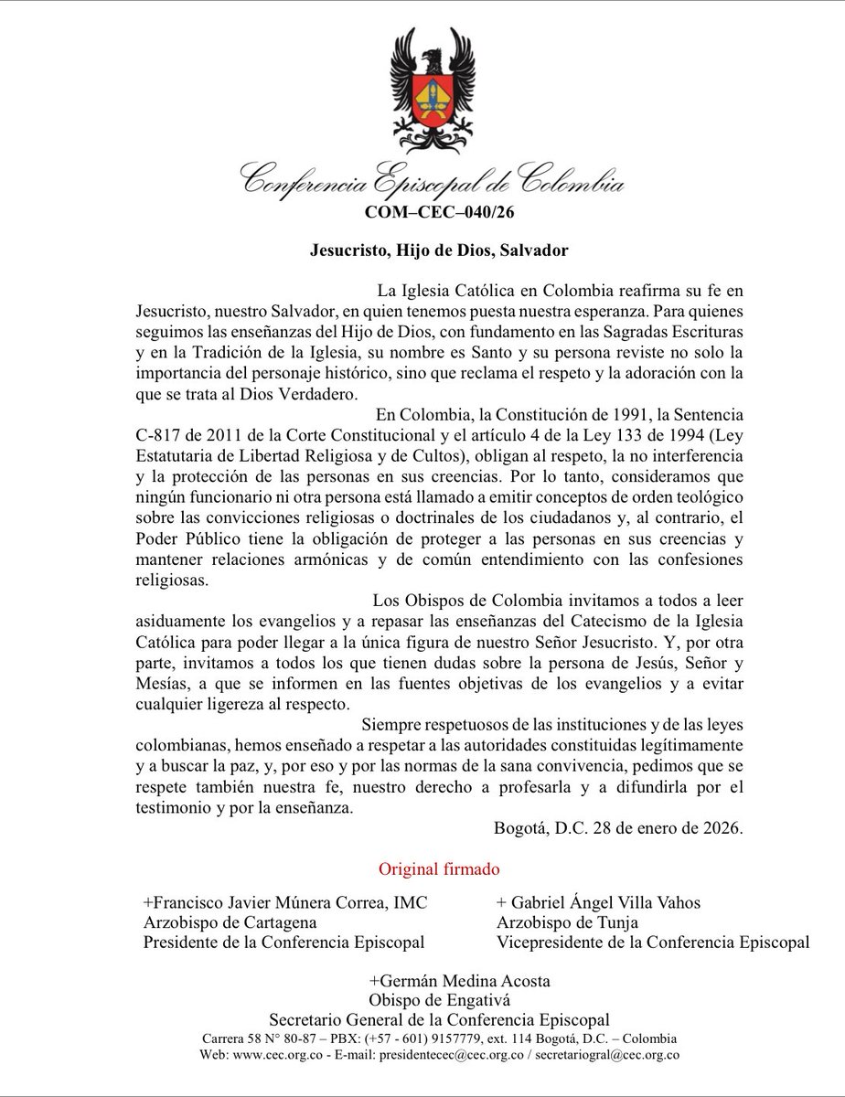 UltimaHoraCR's tweet image. #ACTUALIDAD La Conferencia Episcopal de Colombia se pronunció rechazando las palabras de Gustavo Petro sobre Jesús y María Magdalena, en las que aseguró que habrían tenido relaciones íntimas. 

Los obispos de la Iglesia Católica en Colombia afirmaron que “ninguna autoridad civil…