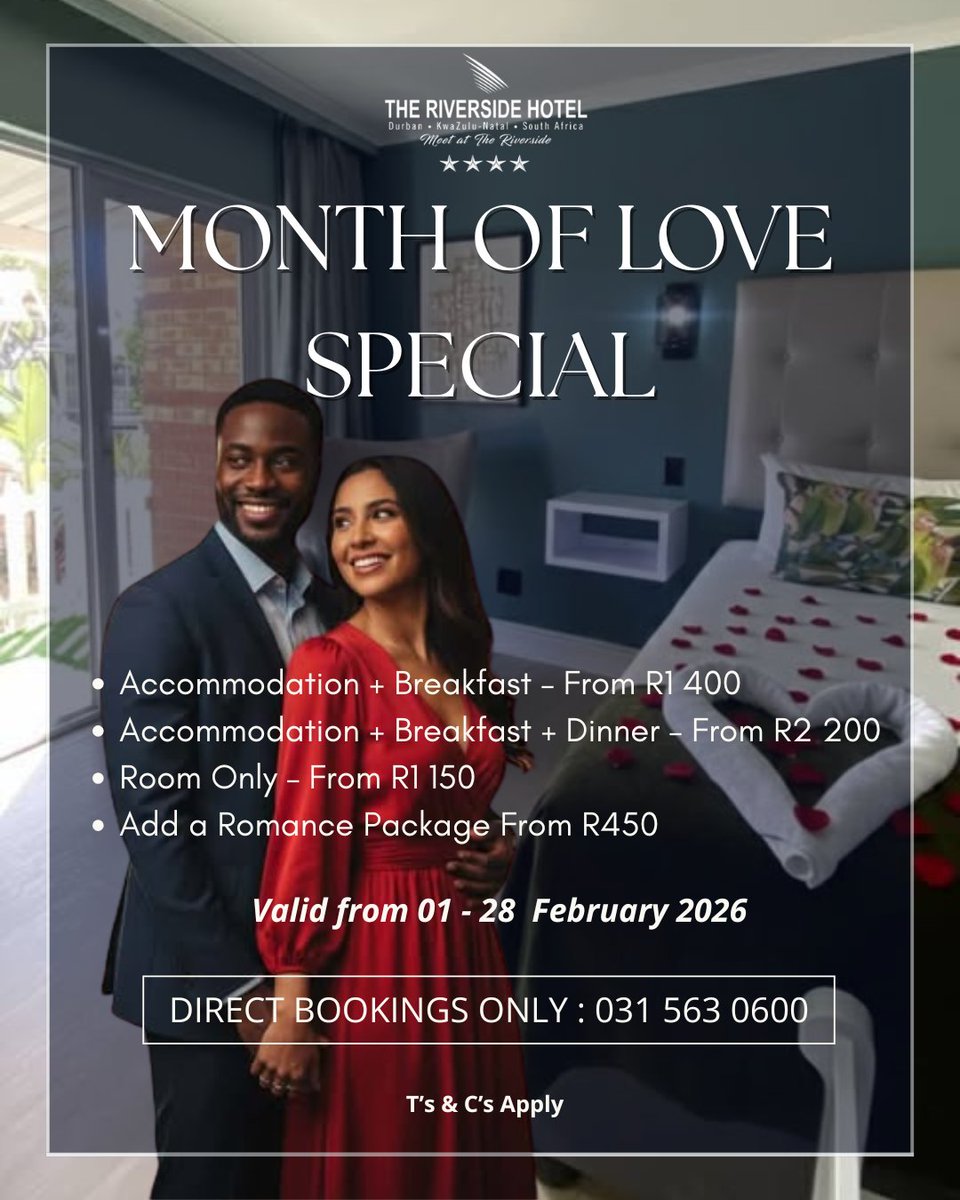 RiversideDurban's tweet photo. Fall in love all over again at The Riverside Hotel this February!❤️

Treat your special someone to a romantic Durban getaway with our “Month of Love” specials.

🗓️Valid: 1–28 February 2026
📞Book Direct: 031 563 0600

#TheRiversideHotel #Durban #MonthOfLove #ValentinesSpecial https://t.co/cYFCa9lGDo