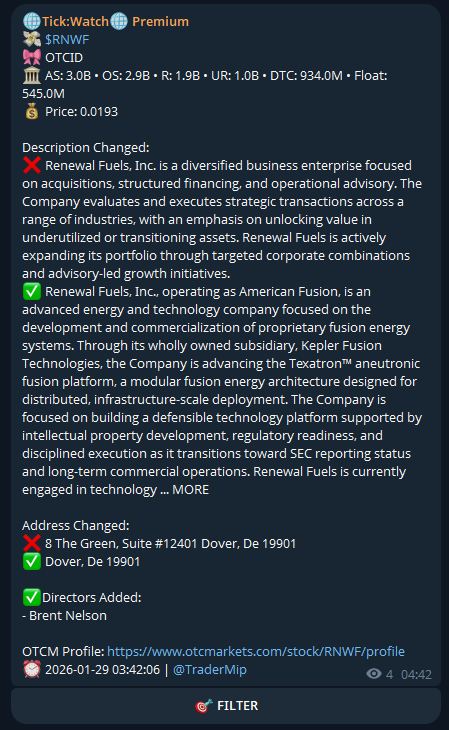 OTCTickWatch's tweet photo. $RNWF $BSEG $CEOS $EVLI + a few more just lit up our wire last night!   
and Few more hitted on our wire.
Last chance to join our community

Comment below or Pm me "OTC" for details https://t.co/5taBE1zqo3